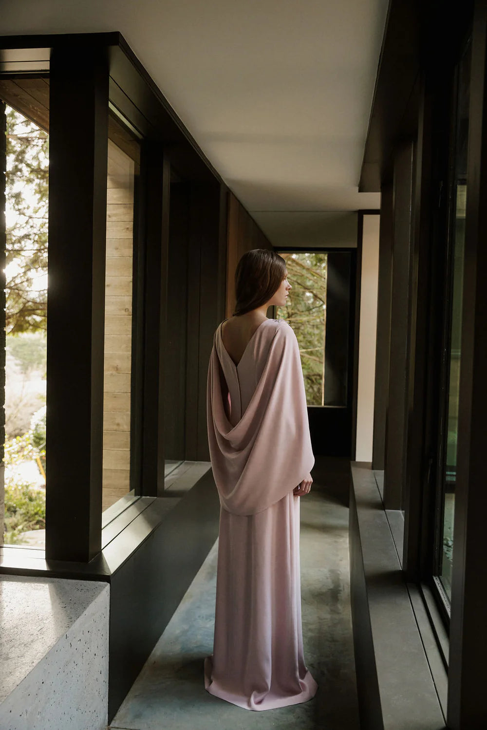 Anora Gown with Cowl Back &amp; Embroidery
