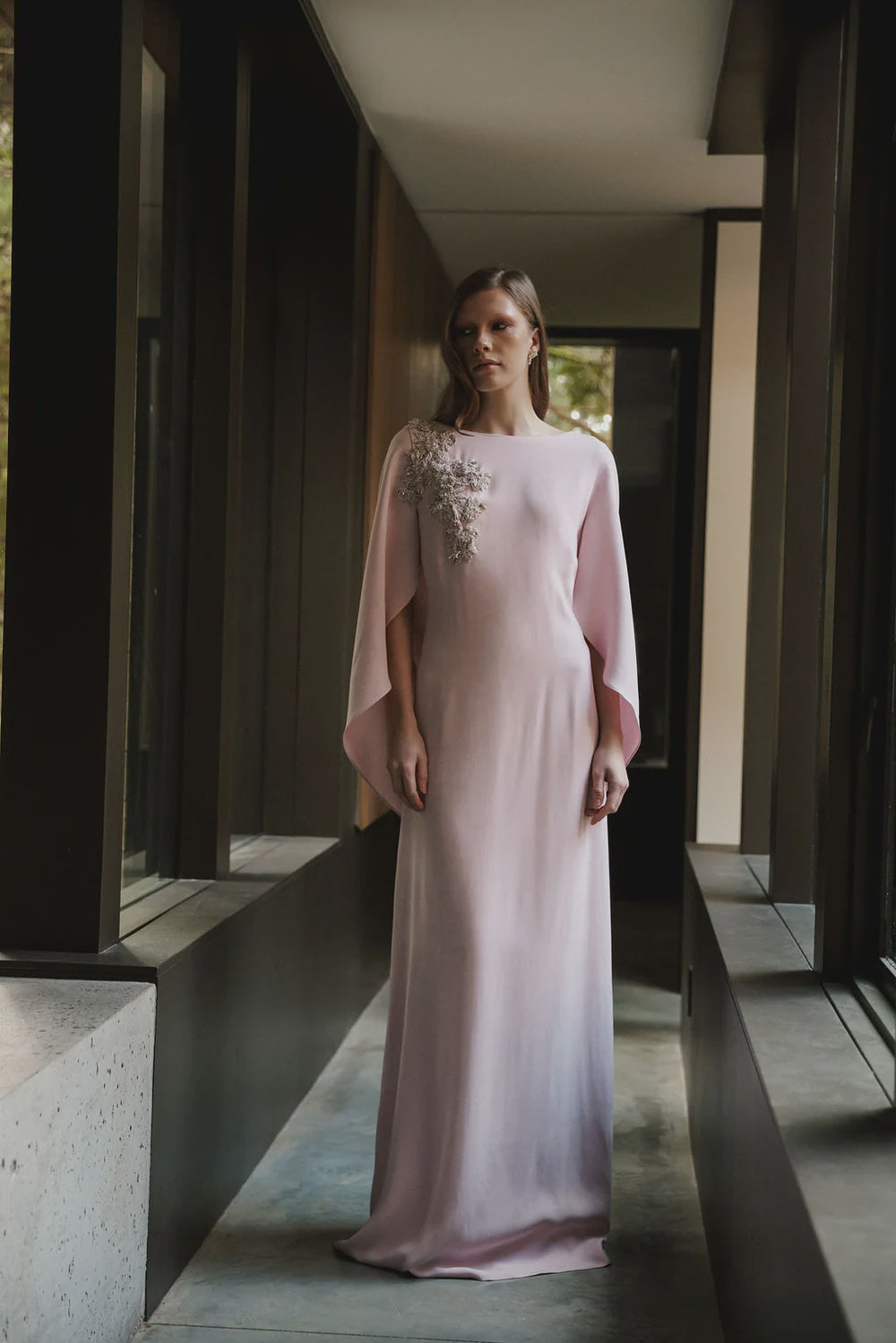 Anora Gown with Cowl Back &amp; Embroidery