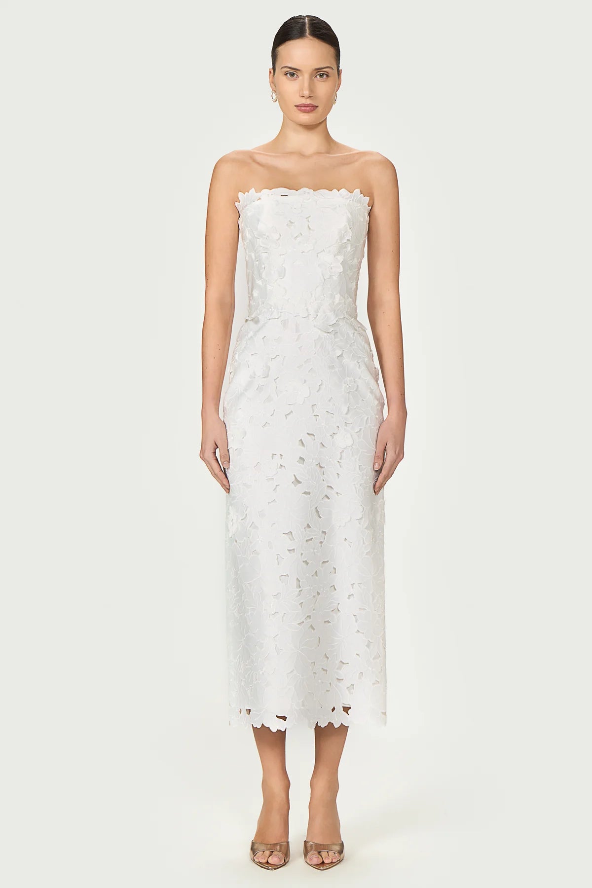 ASTELLE FLORAL CUT STRAPLESS DRESS OFF WHITE
