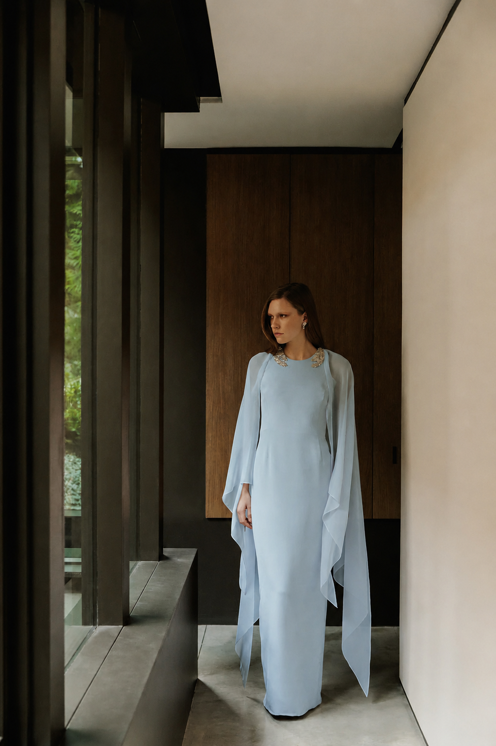 Racer Neck Overlay Gown with Feather Gems