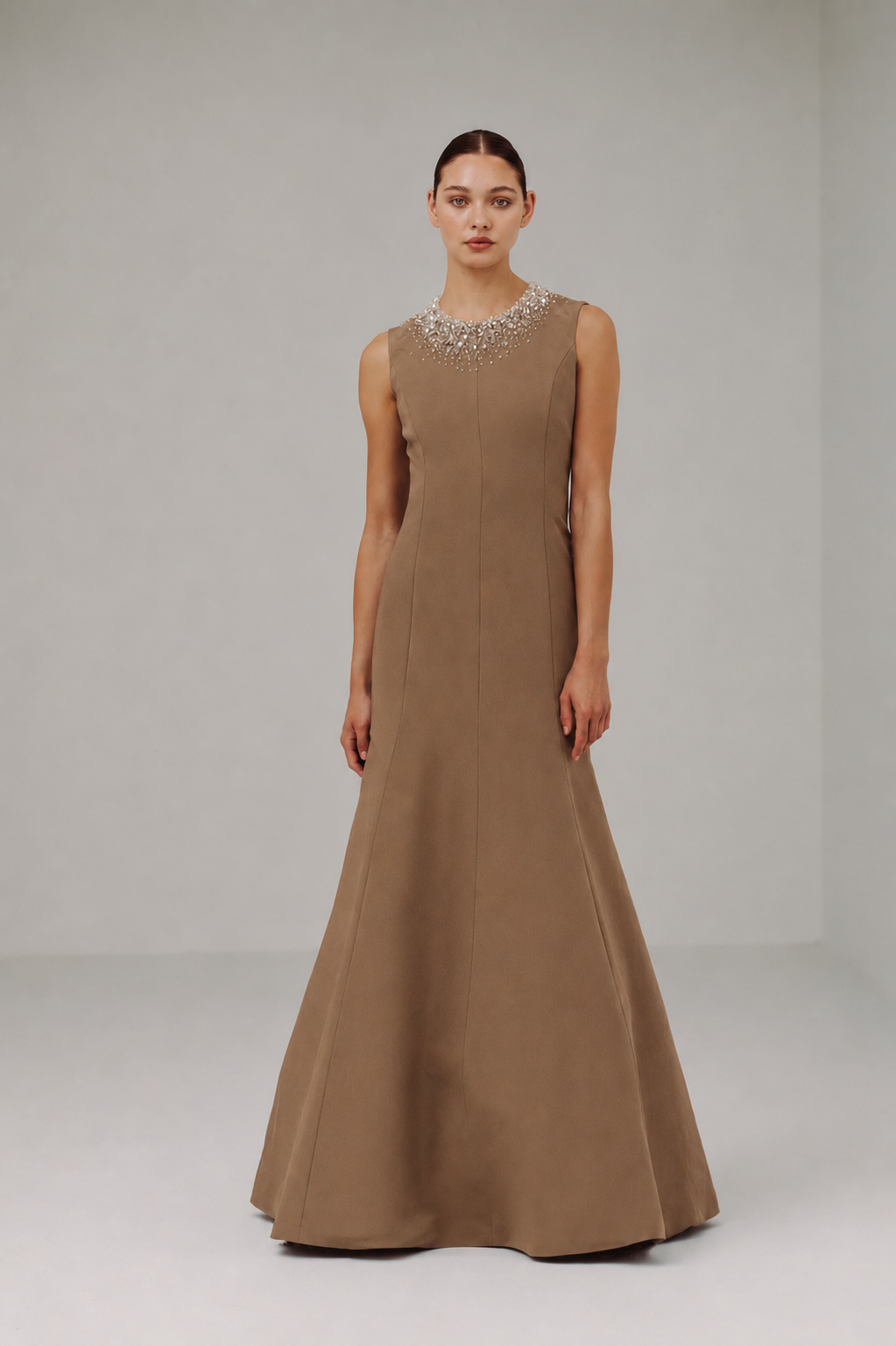 Jewel Neck “Serena” Gown with Partial Gem on Neckline