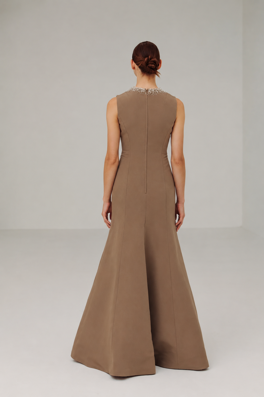 Jewel Neck “Serena” Gown with Partial Gem on Neckline