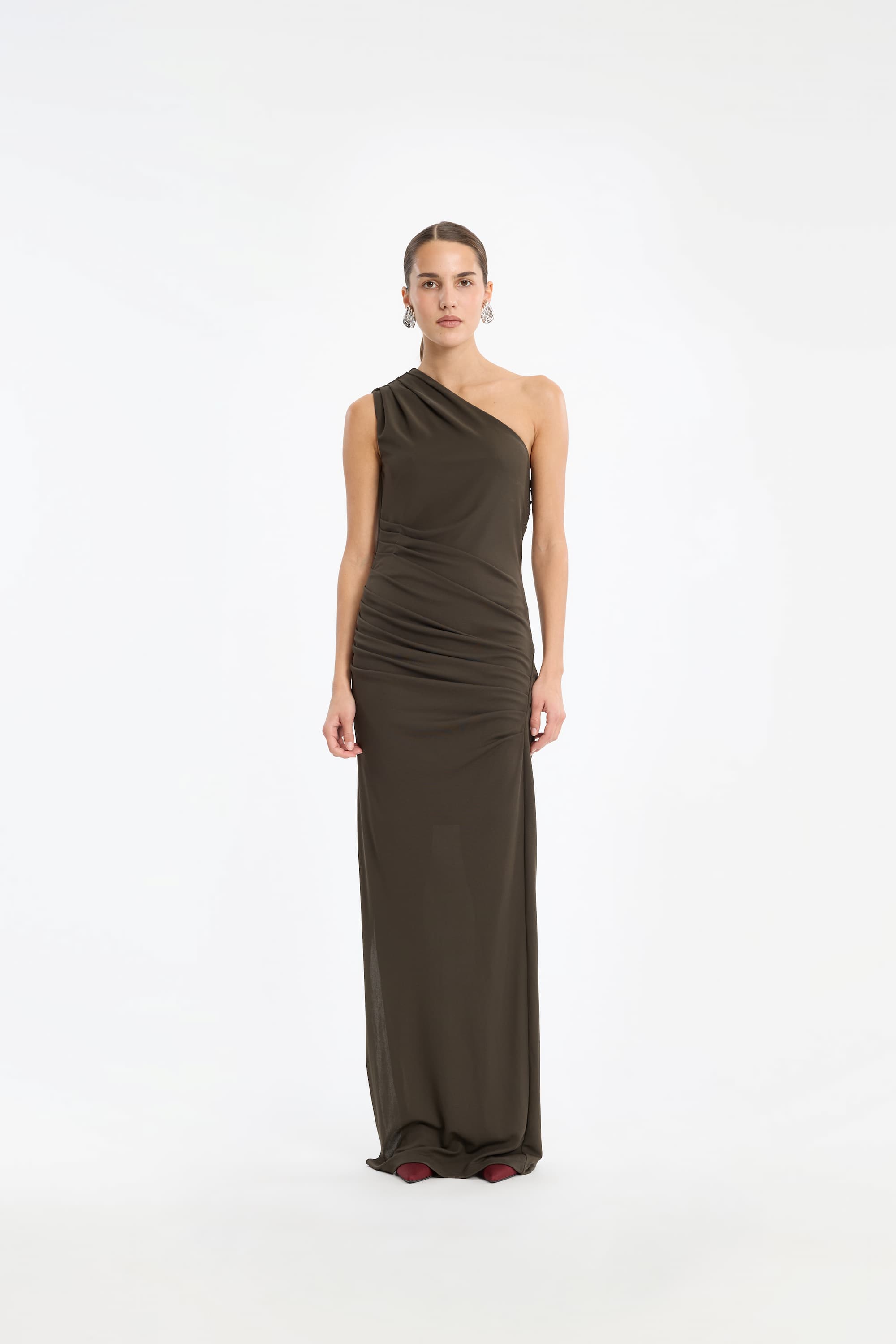 Black Olive Draped One Shoulder Dress